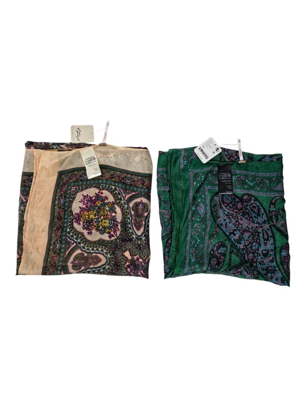 Set of 2 Free People printed silk bandana scarves featuring two different ornate